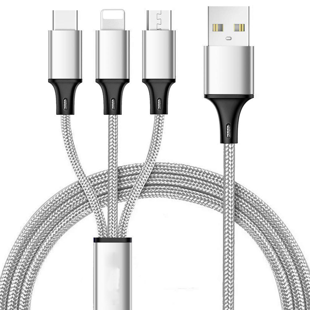 3-in-1 2.1A IOS Lightning / Type C / Micro V8V9 Strong Braided Aluminum USB Cable 4FT (Silver)
